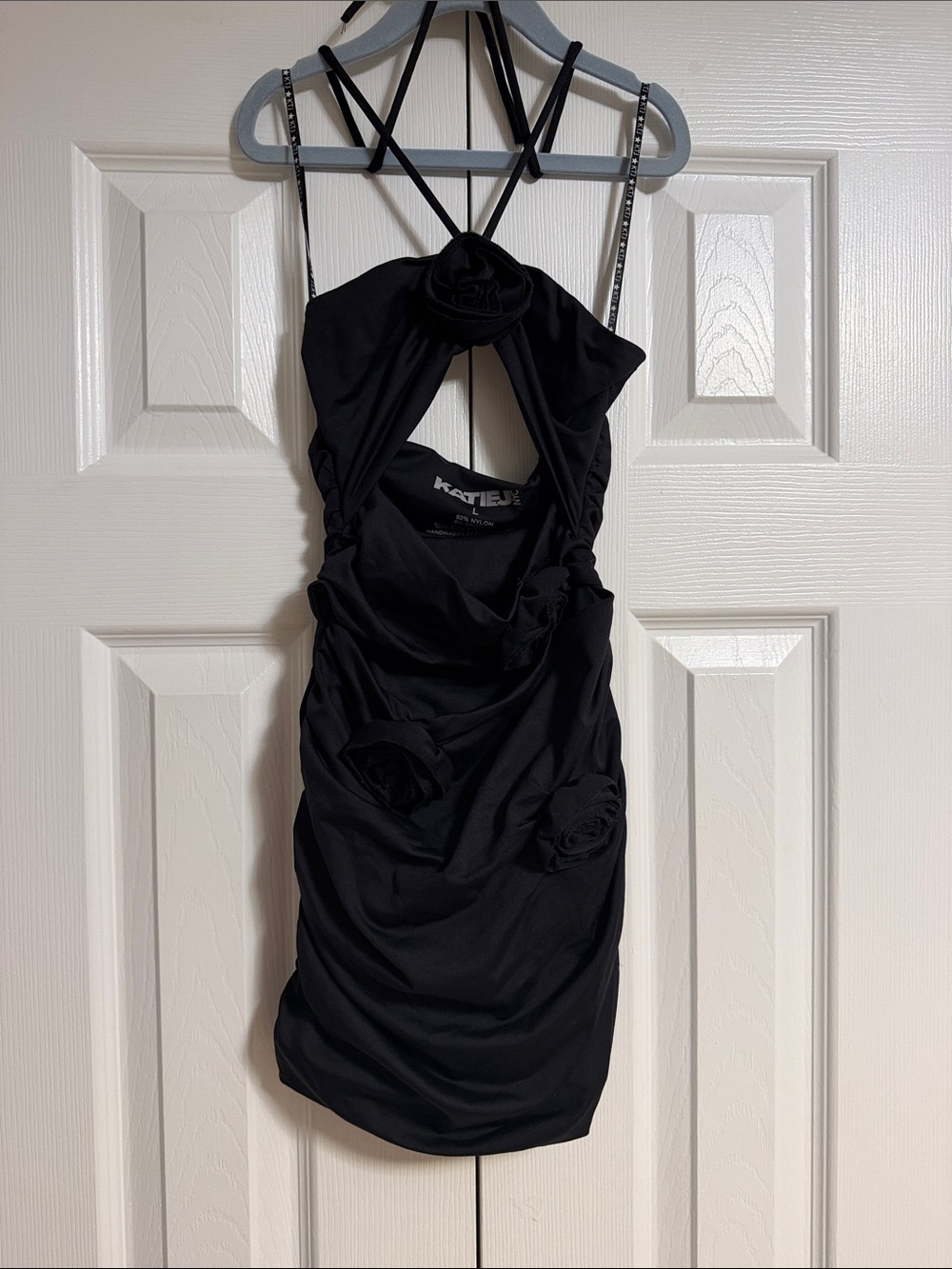 Katie J NYC Girls Black Mini Dress Size Large Rosettes Cutouts Tie Party Dress